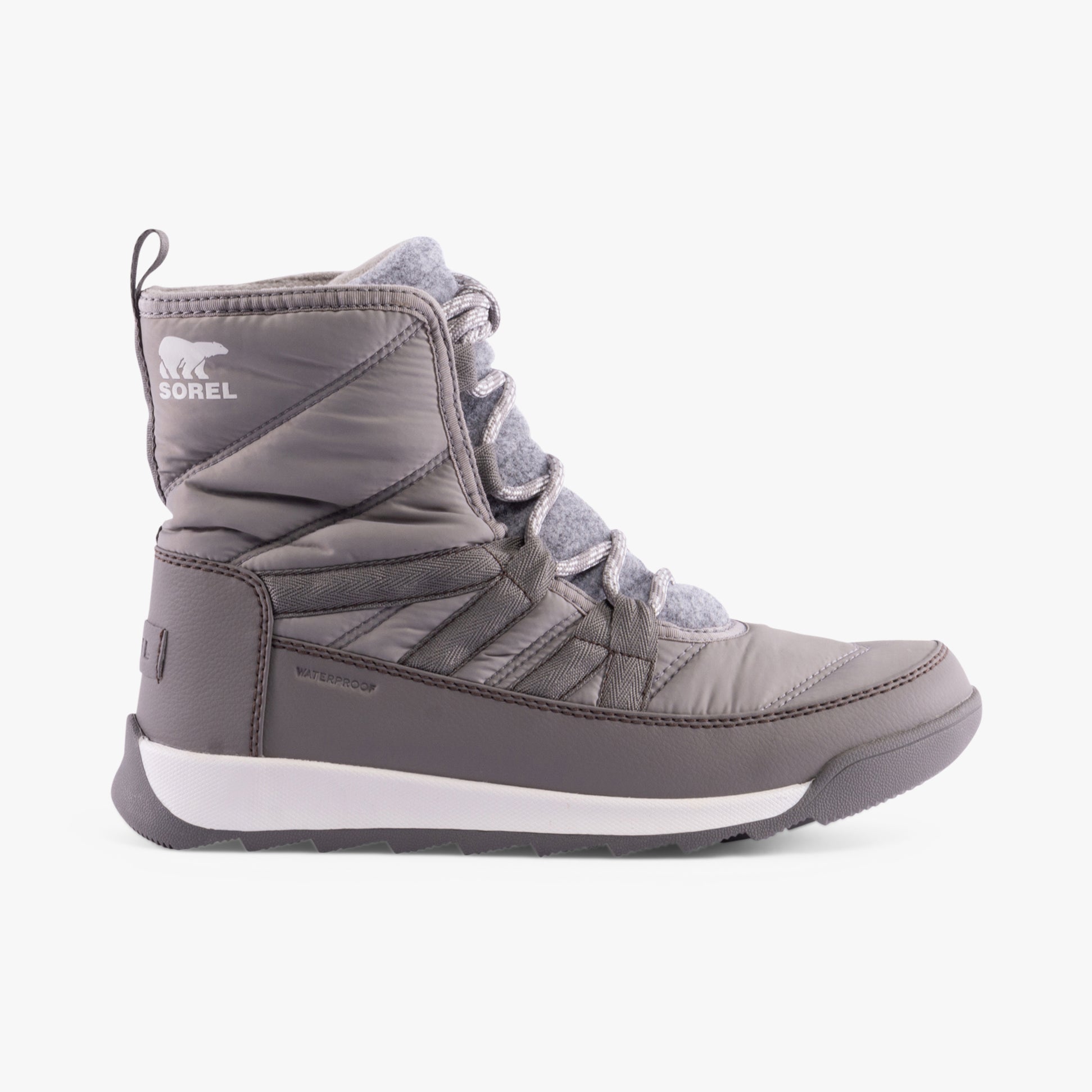 Sorel WHITNEY II PLUS LACE Womens Winter Boots Grey side view featuring waterproof nylon upper and insulated microfleece lining.