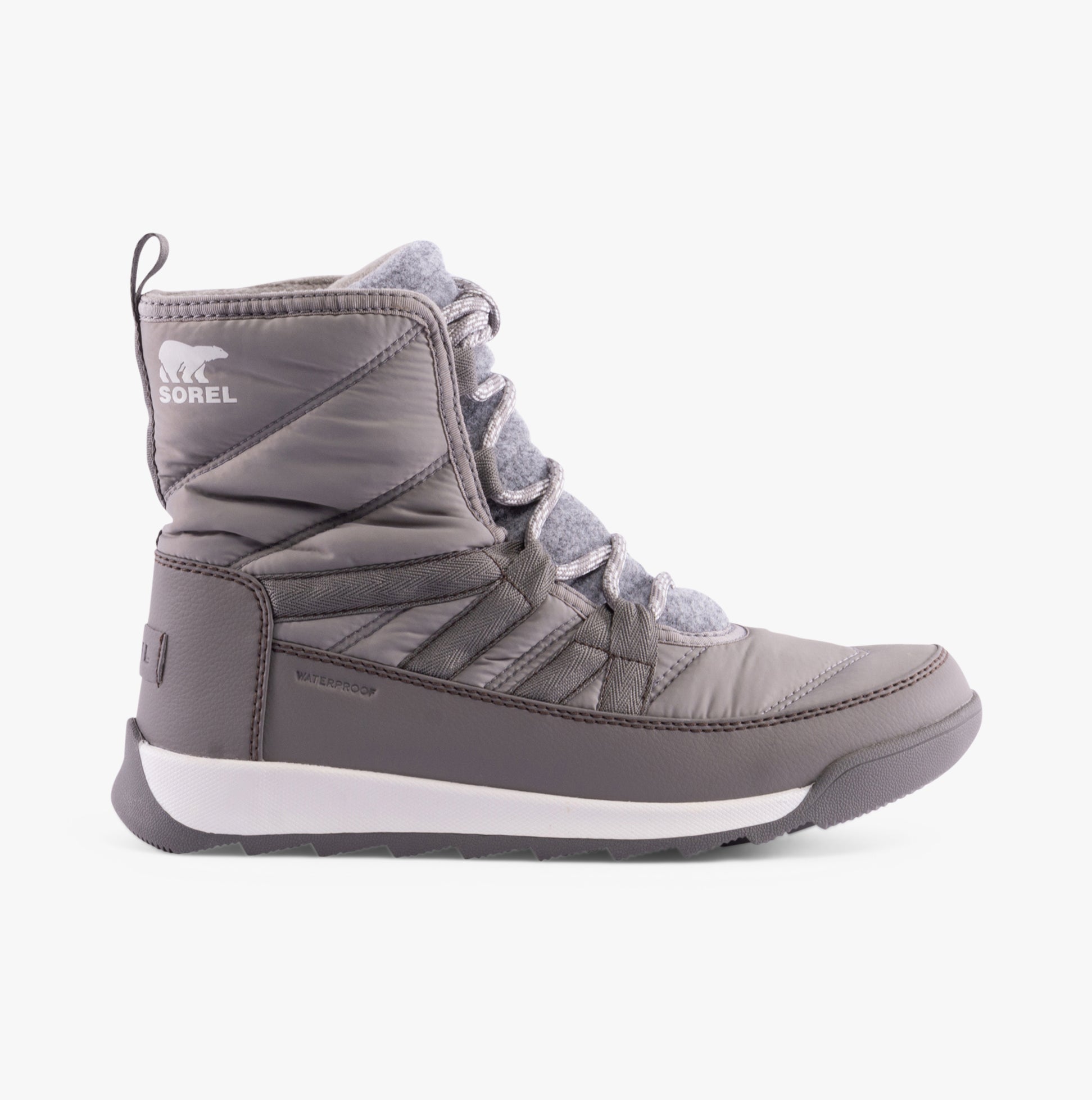 Sorel WHITNEY II PLUS LACE Womens Winter Boots Grey side view featuring waterproof nylon upper and insulated microfleece lining.