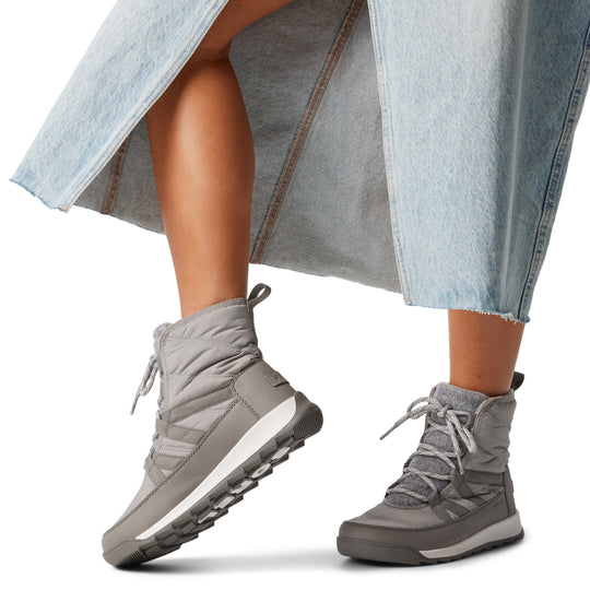 Sorel WHITNEY II PLUS LACE Womens Winter Boots Grey side view worn with light denim skirt