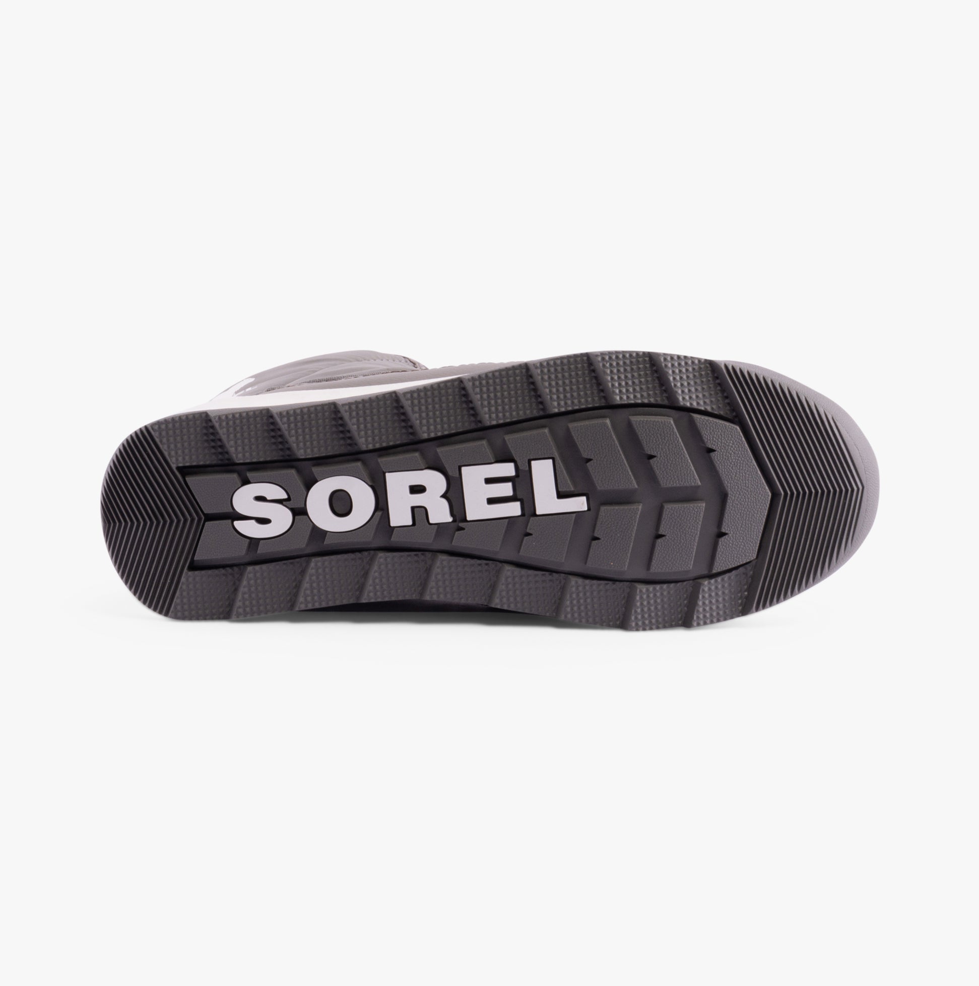 Sorel WHITNEY II PLUS LACE Womens Winter Boots Grey bottom view showing rubber sole with logo.