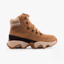 Sorel KINETIC IMPACT CONQUEST PLUS Womens Winter Boots Brown side view showcasing suede upper and lace-up design with rubber sole.