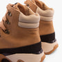 Sorel KINETIC IMPACT CONQUEST PLUS Womens Winter Boots Brown rear view showcasing waterproof feature and suede finish.