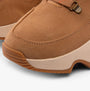 Detail view of Sorel KINETIC IMPACT CONQUEST PLUS Womens Winter Boots Brown showcasing suede upper and rubber sole.