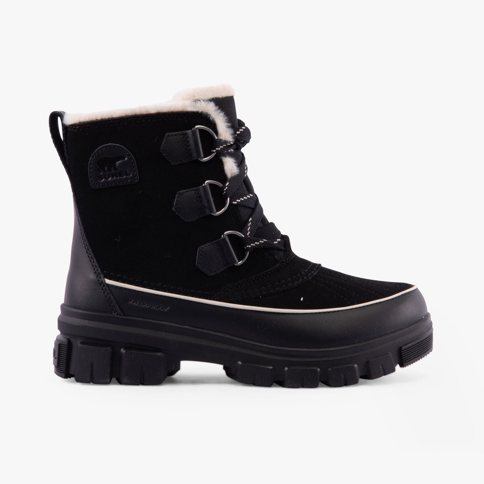 Sorel TORINO V Womens Winter Boots Black side view with suede upper, lace-up closure, and rubber sole for comfort and waterproofing.