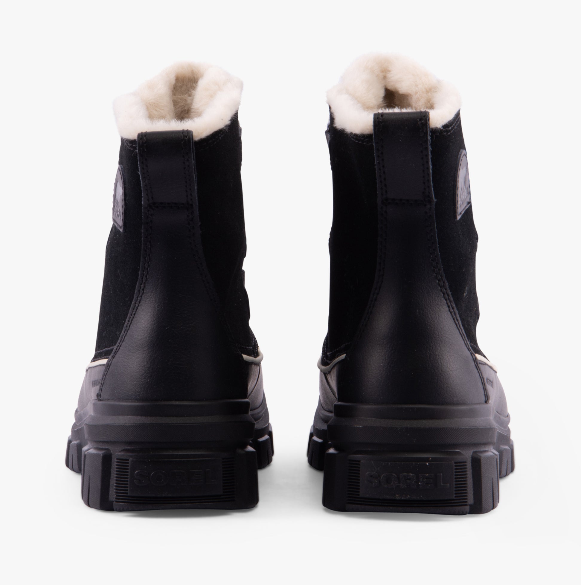 Sorel TORINO V Womens Winter Boots Black back view showing suede upper and microfleece lining, designed for comfort and waterproof.