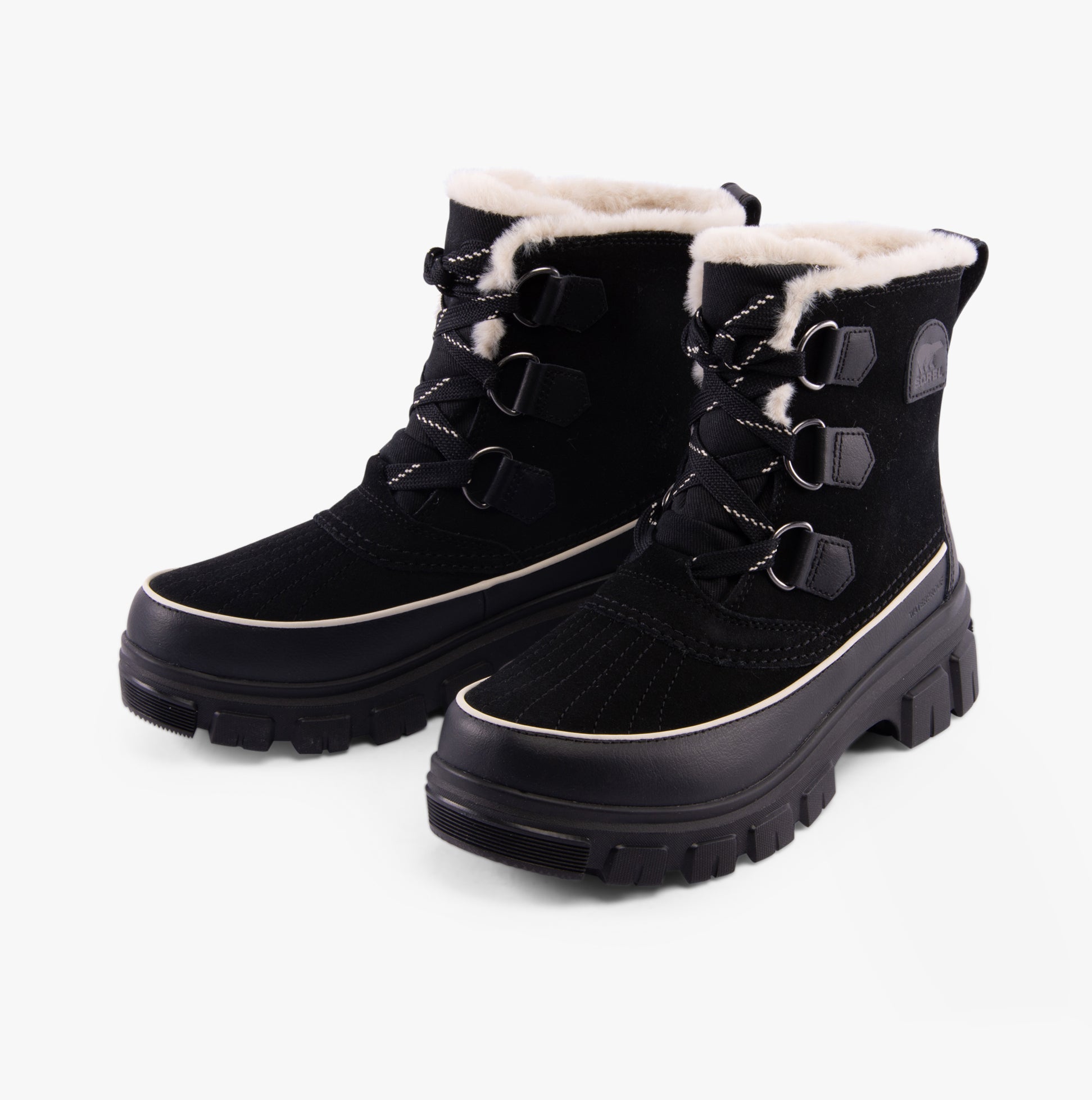 Sorel TORINO V Womens Winter Boots Black in a side view showcasing suede upper and lace-up design.