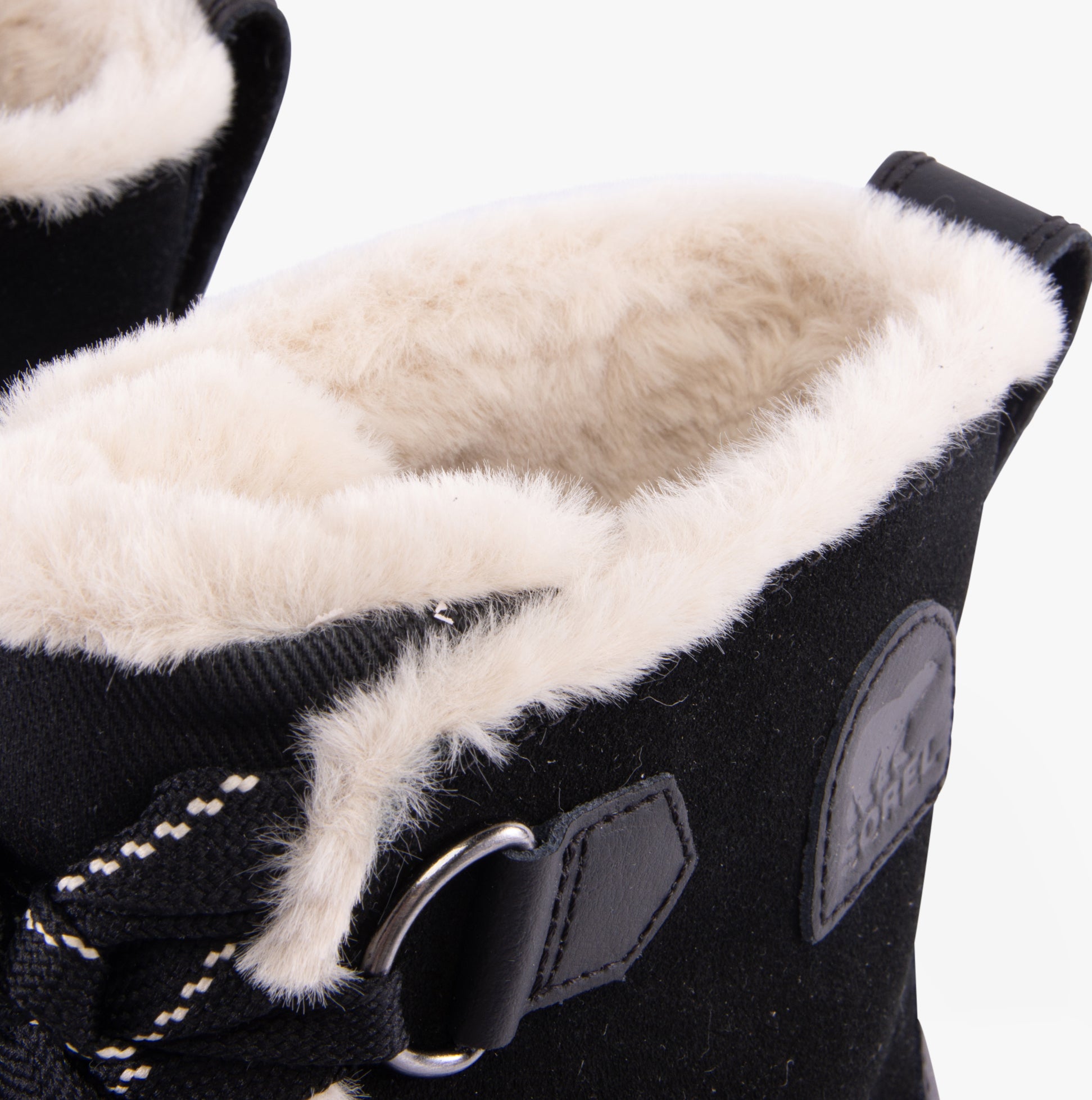 Sorel TORINO V Womens Winter Boots Black detail view showcasing soft microfleece lining and suede upper.