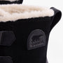 Detail view of Sorel TORINO V Womens Winter Boots Black showcasing soft microfleece lining and logo.