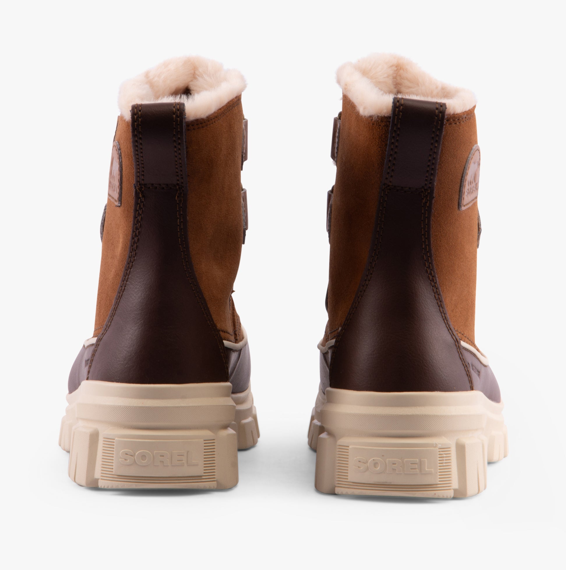 Sorel TORINO V Womens Winter Boots Brown rear view showcasing suede and rubber materials, lace-up closure, and microfleece lining.