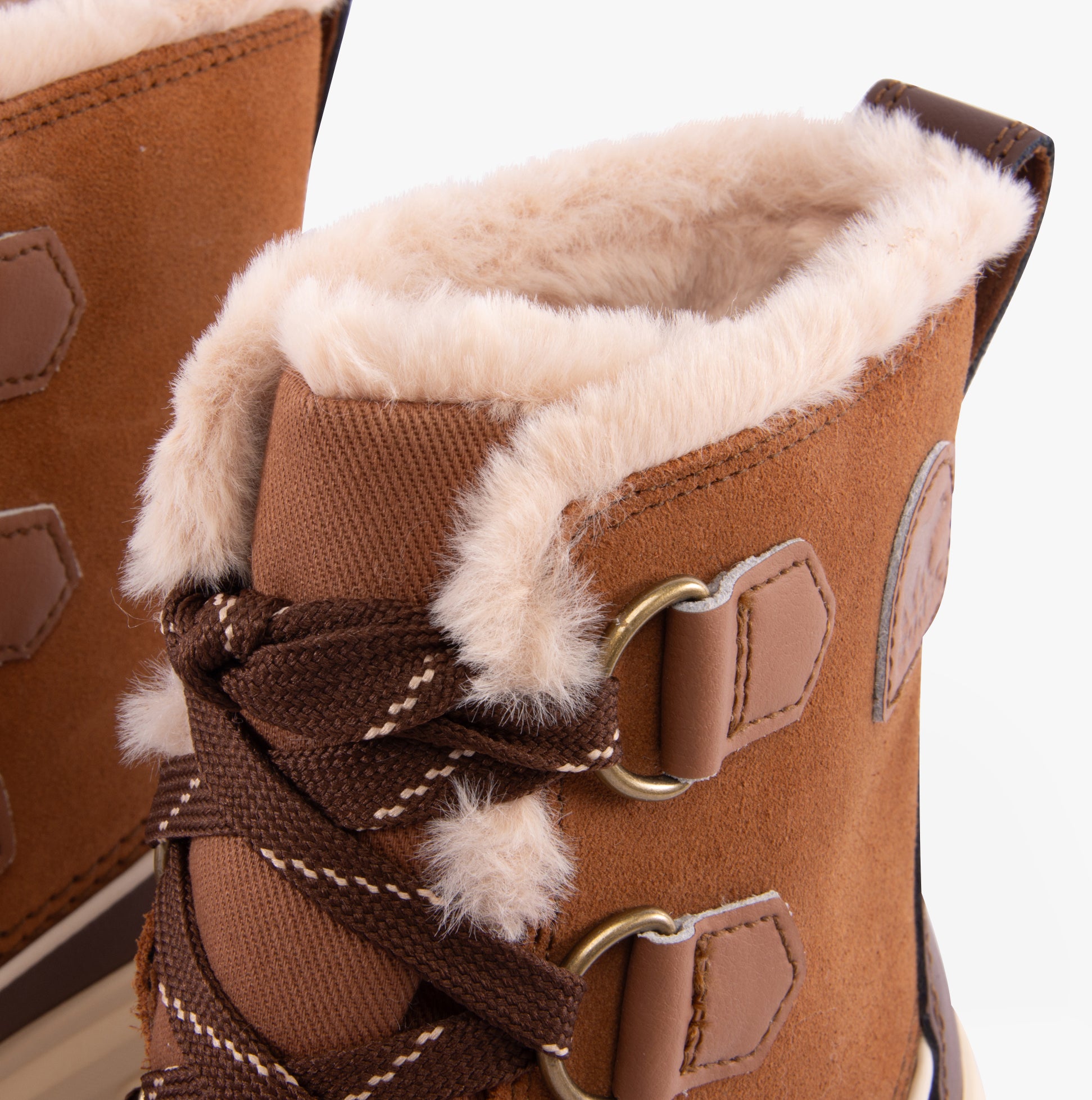 Sorel TORINO V Womens Winter Boots Brown detail view showcasing suede upper and microfleece lining.