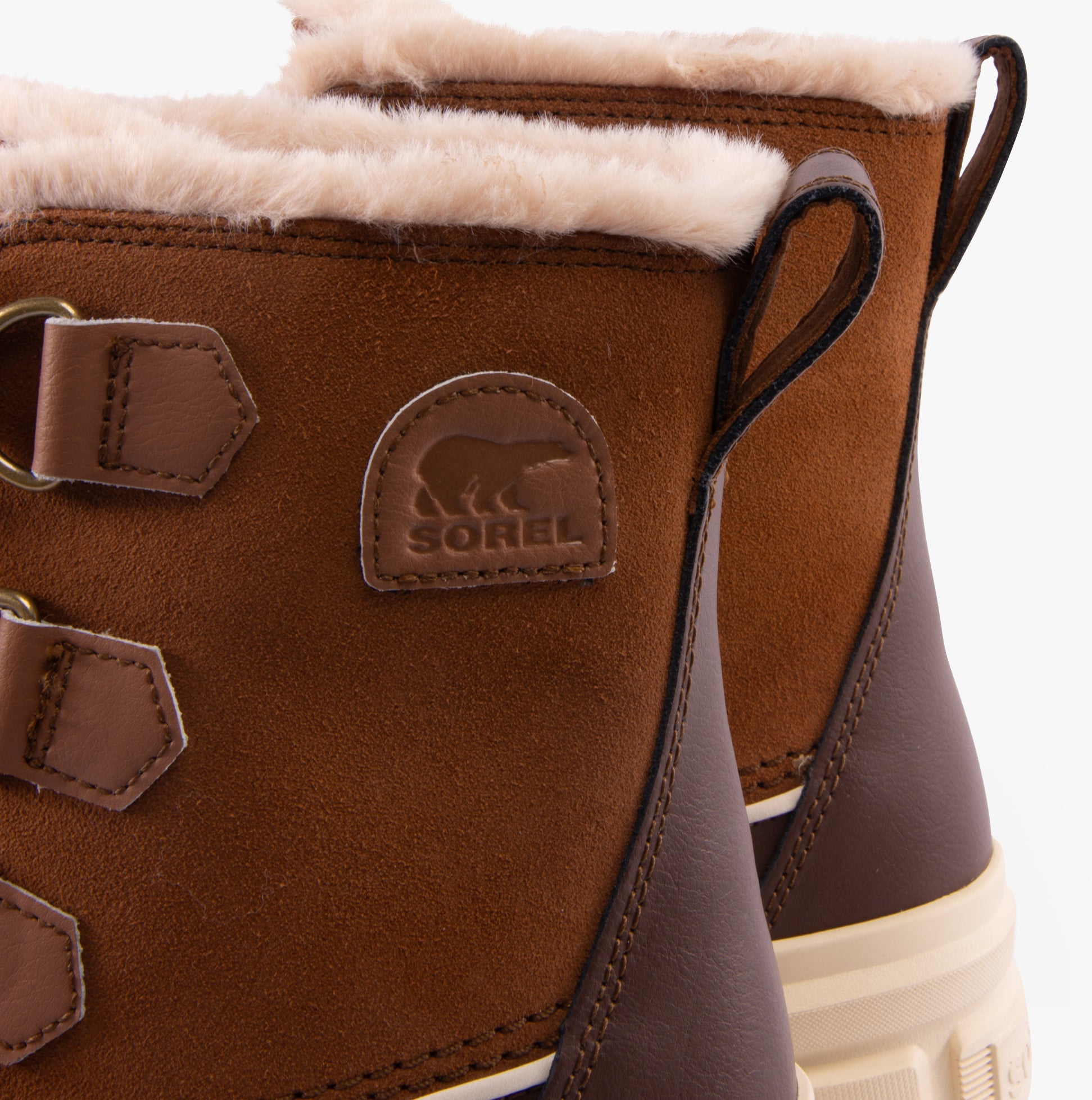 Sorel TORINO V Womens Winter Boots Brown detail view showcasing suede upper and microfleece lining.