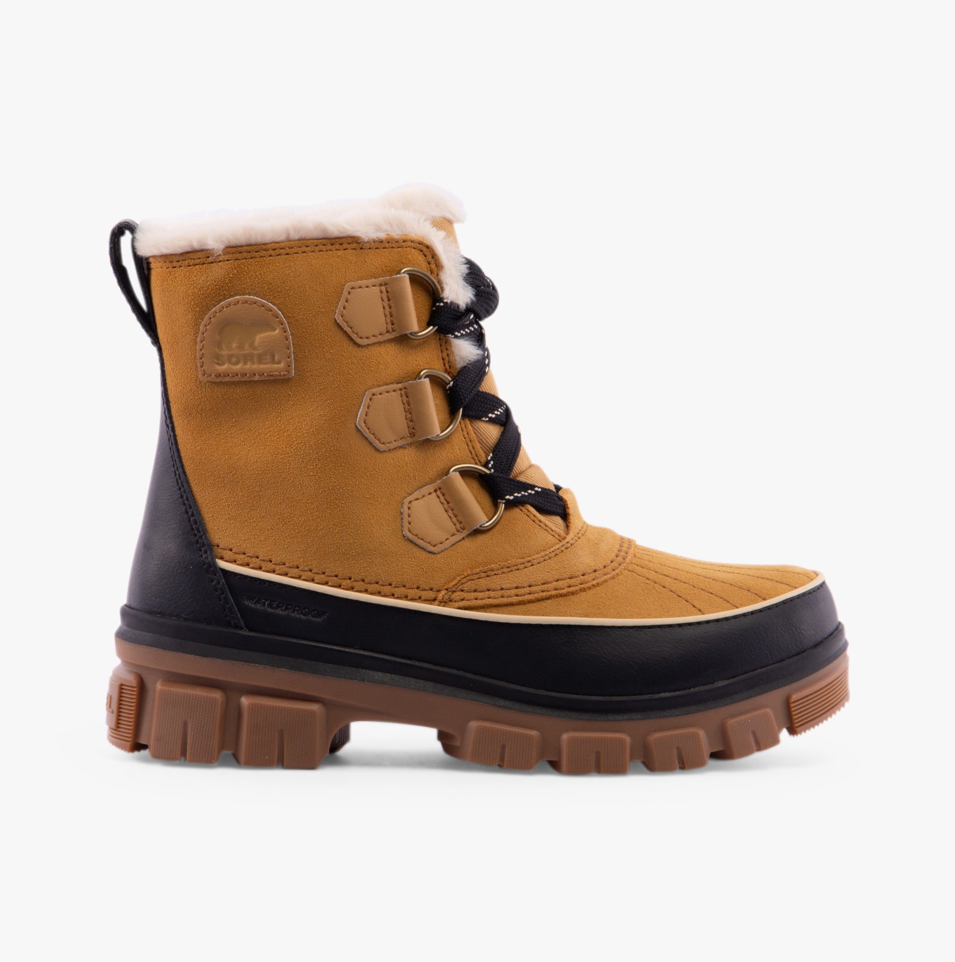Sorel TORINO V Womens Winter Boots Curry/Black side view showcasing ankle boot style and lace-up detail