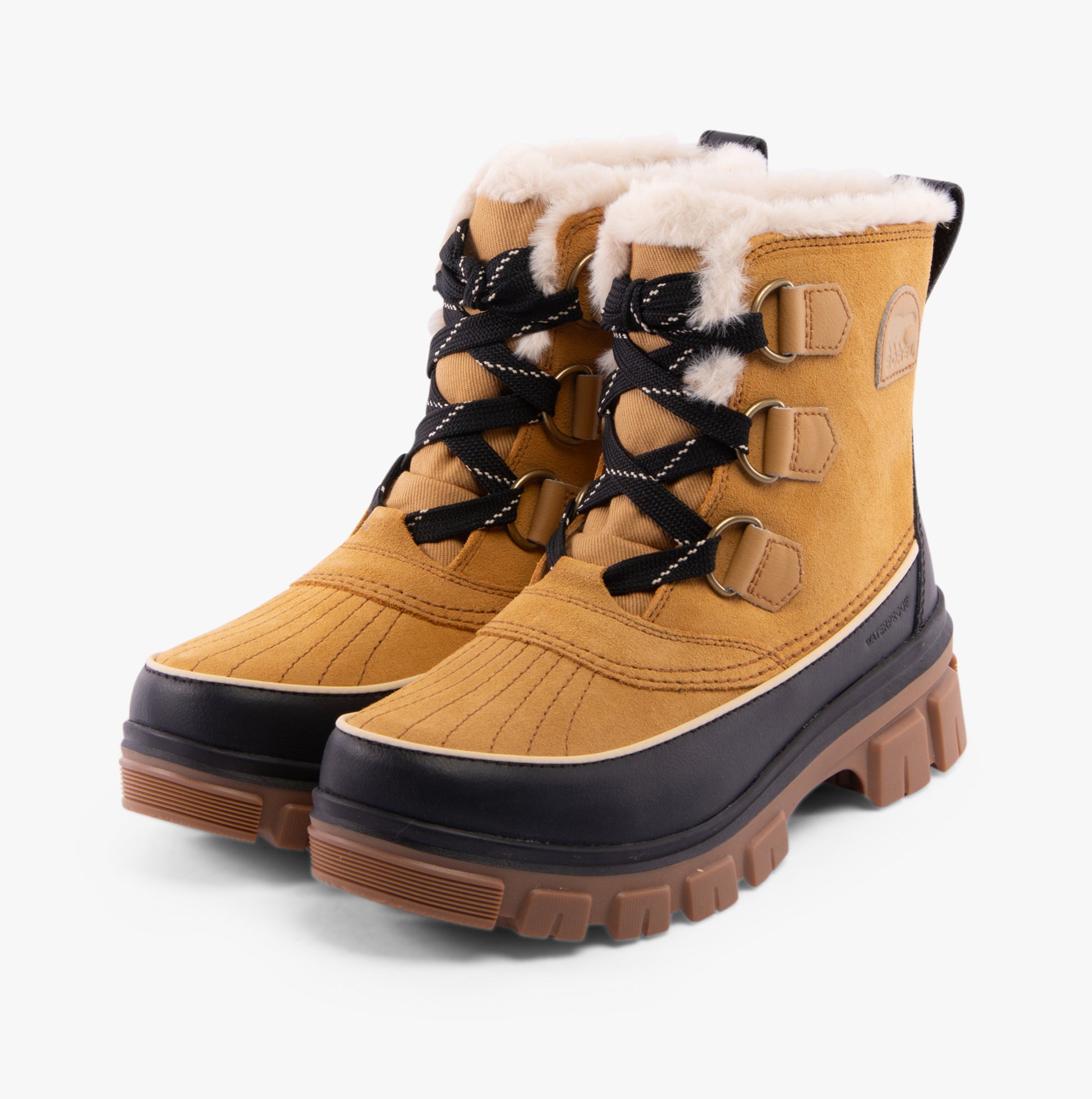 Sorel TORINO V Womens Winter Boots Curry/Black side view showcasing soft suede upper and waterproof rubber sole