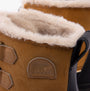 Sorel TORINO V Womens Winter Boots Curry/Black detail view showing suede upper and microfleece lining.