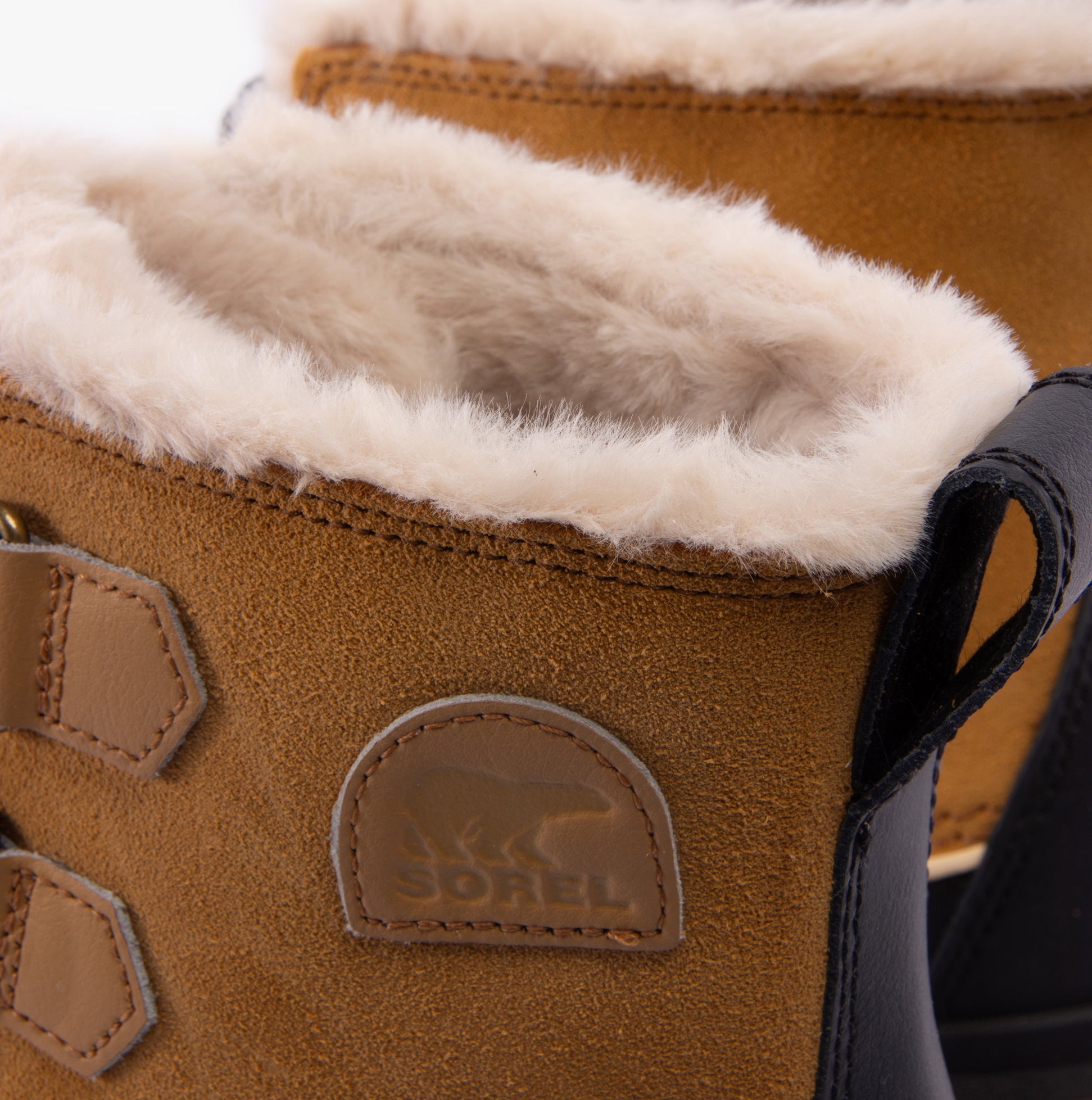 Sorel TORINO V Womens Winter Boots Curry/Black detail view showing suede upper and microfleece lining.
