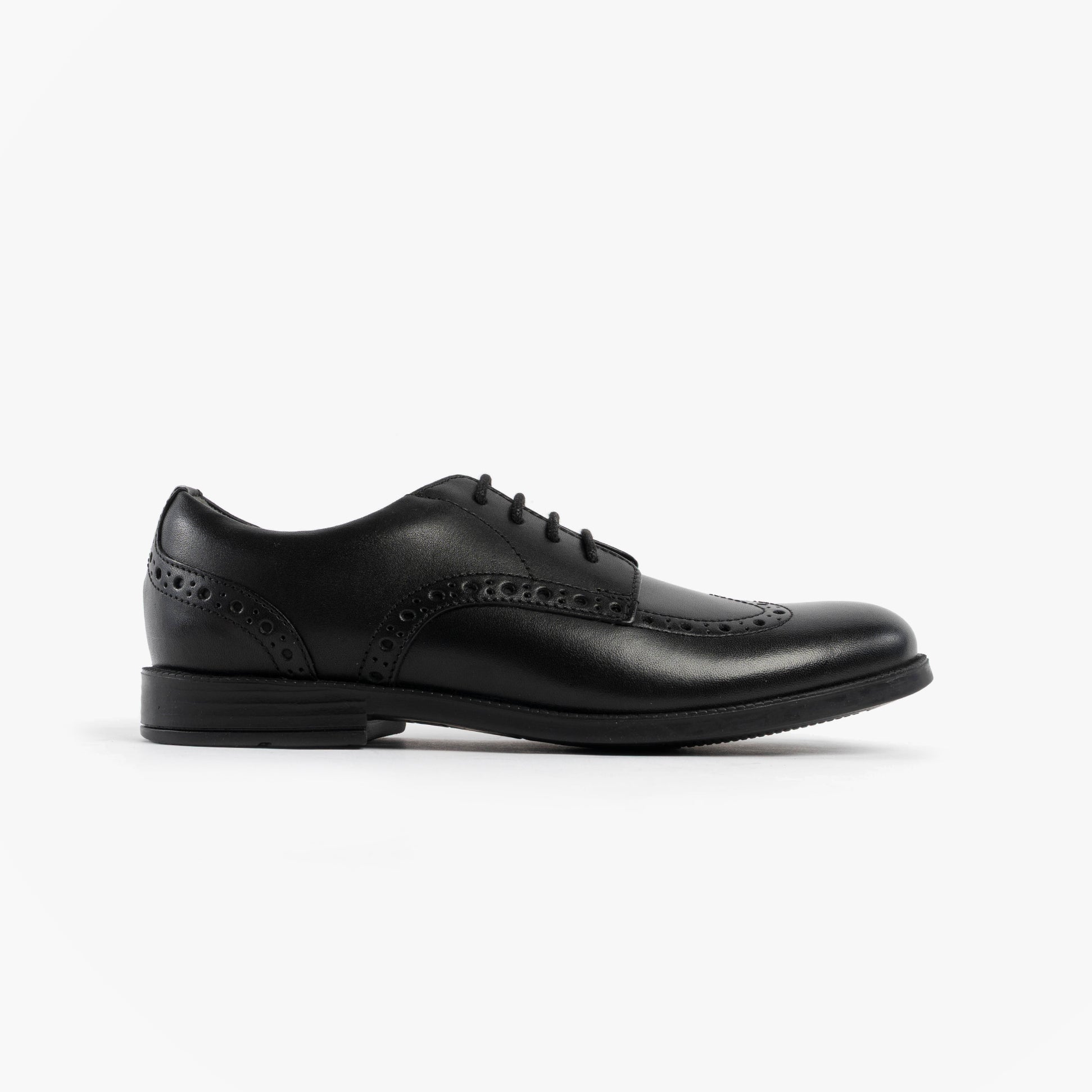 Start-Rite UNISEX School Shoes Black side view showcasing leather upper, lace-up closure, and chisel toe shape.