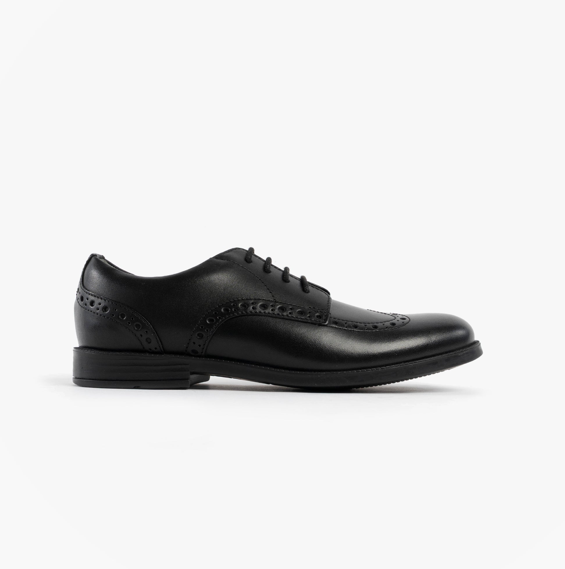 Start-Rite UNISEX School Shoes Black side view showcasing leather upper, lace-up closure, and chisel toe shape.