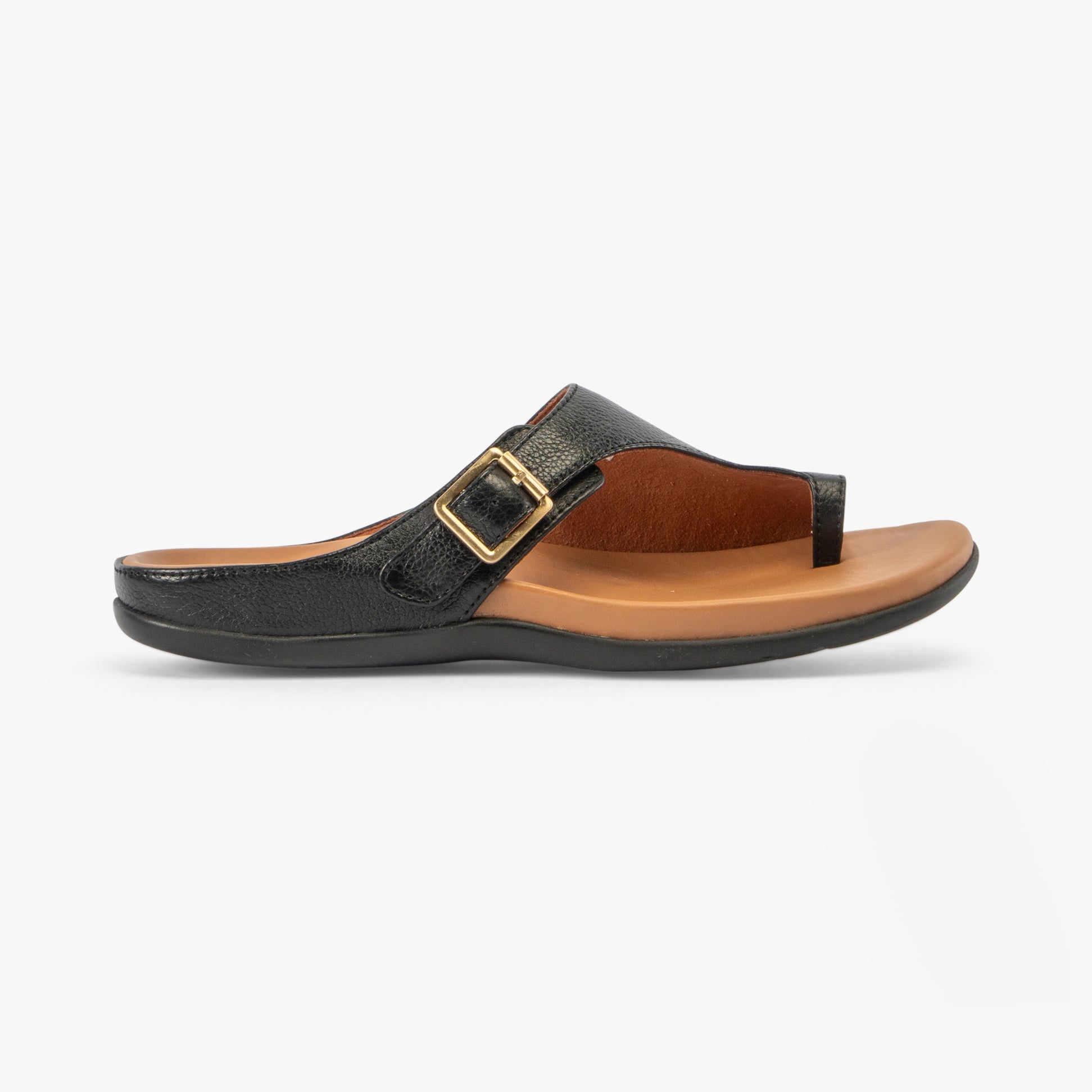 Strive JAVA II Womens Sandals Black side view showcasing leather upper and rubber sole.