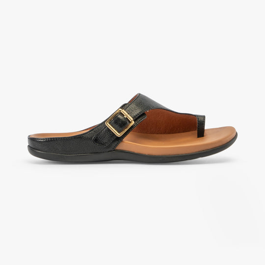 Strive JAVA II Womens Sandals Black side view showcasing leather upper and rubber sole.