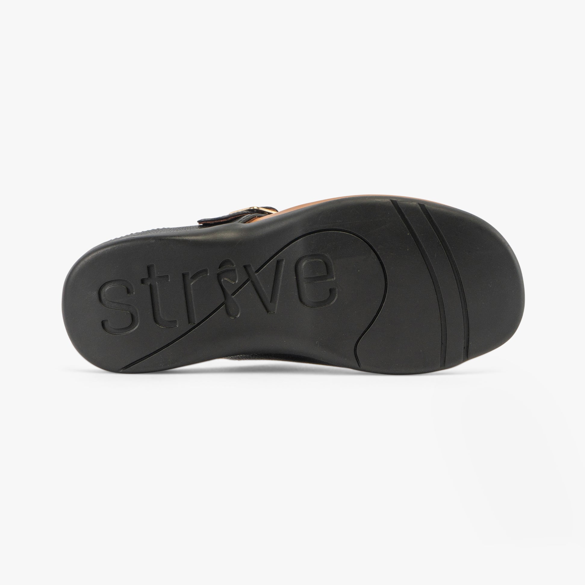 Strive JAVA II Womens Sandals Black bottom view of rubber sole with embossed brand name