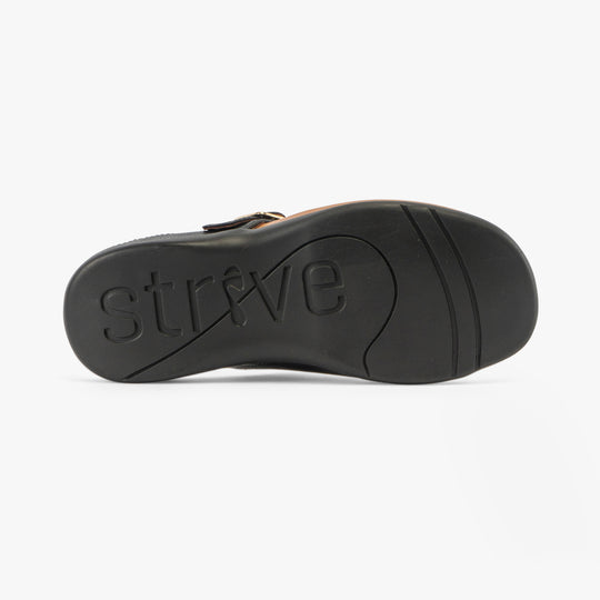 Strive JAVA II Womens Sandals Black bottom view of rubber sole with embossed brand name