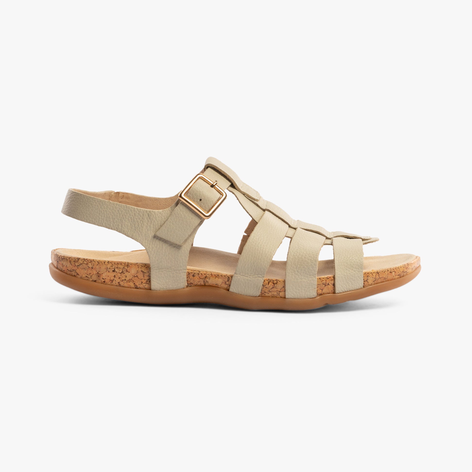 Strive CRISTAL Womens Sandals Latte side view showcasing the leather upper, buckle closure, and rubber sole.