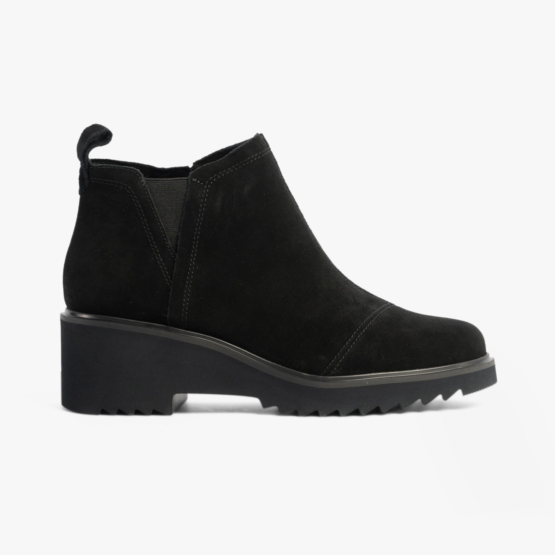 TOMS MAUDE Womens Boots Black side view showcasing suede upper and wedge heel design.