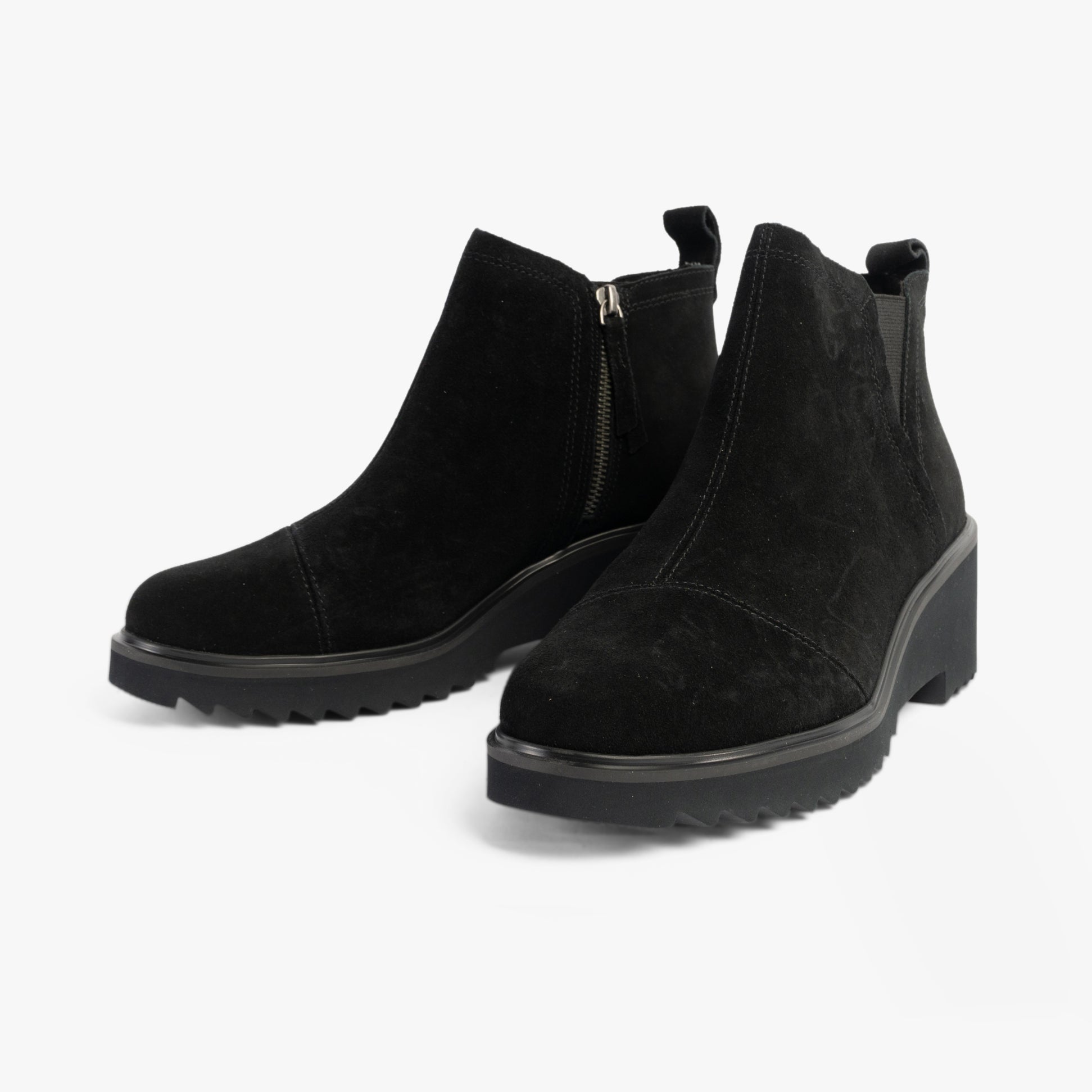 TOMS MAUDE Womens Boots Black side view showing suede material and zip closure with elasticated side panels.