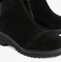 TOMS MAUDE Womens Boots Black side view showcasing suede upper, zip closure, and wedge heel design.