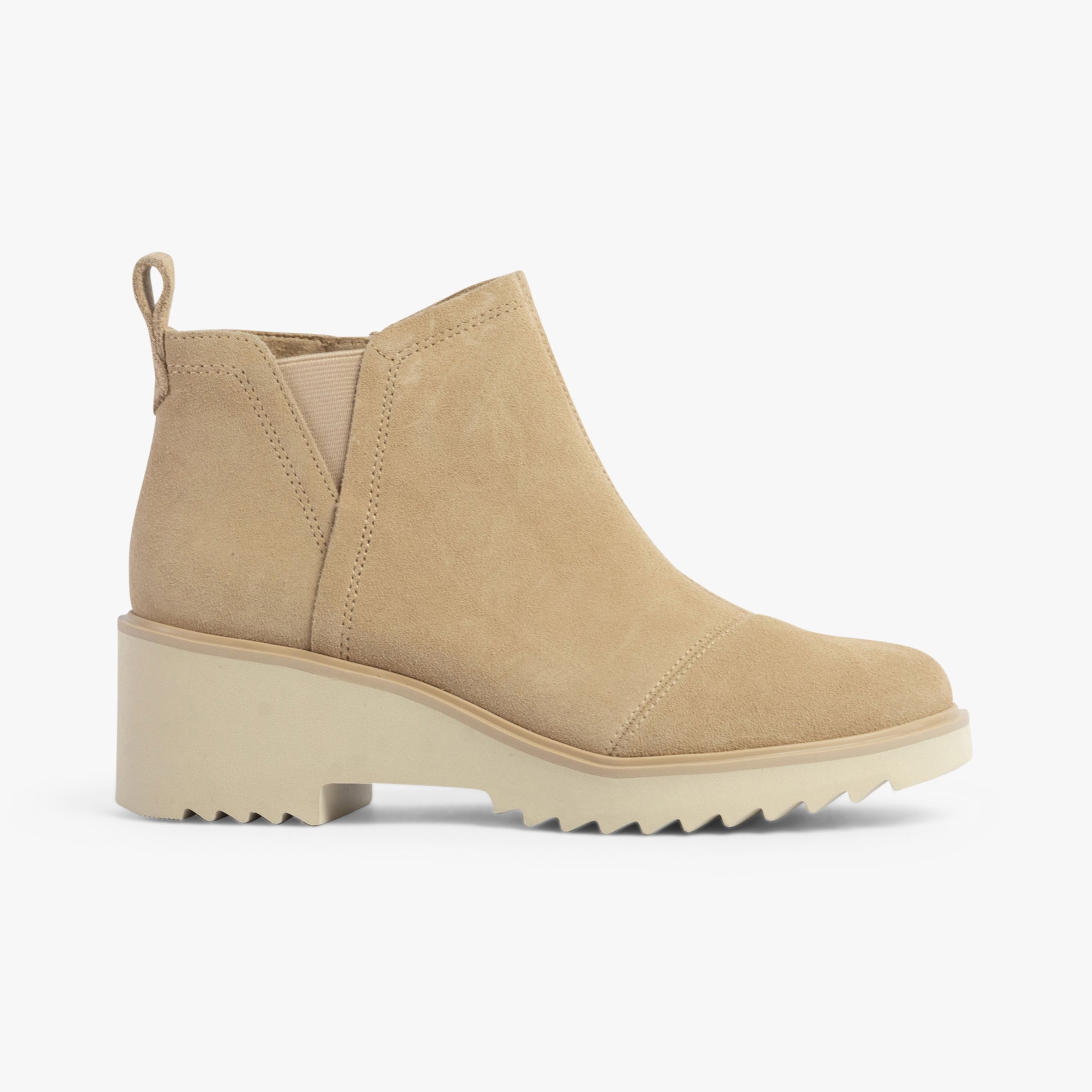 TOMS MAUDE Womens Boots Natural side view showing beige suede ankle boots with wedge heel and elasticated side panel.