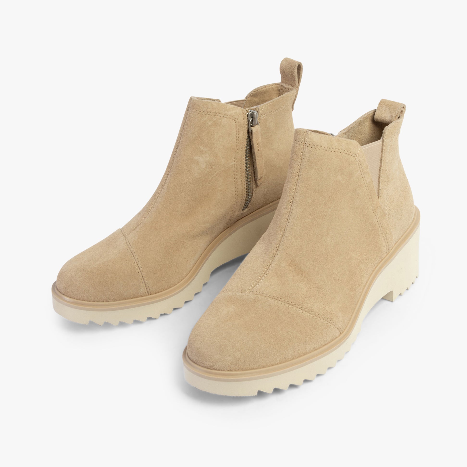 TOMS MAUDE Womens Boots Natural, side and front view, beige suede ankle boots with wedge heel and zip closure.