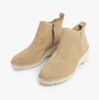 TOMS MAUDE Womens Boots Natural, side and front view, beige suede ankle boots with wedge heel and zip closure.