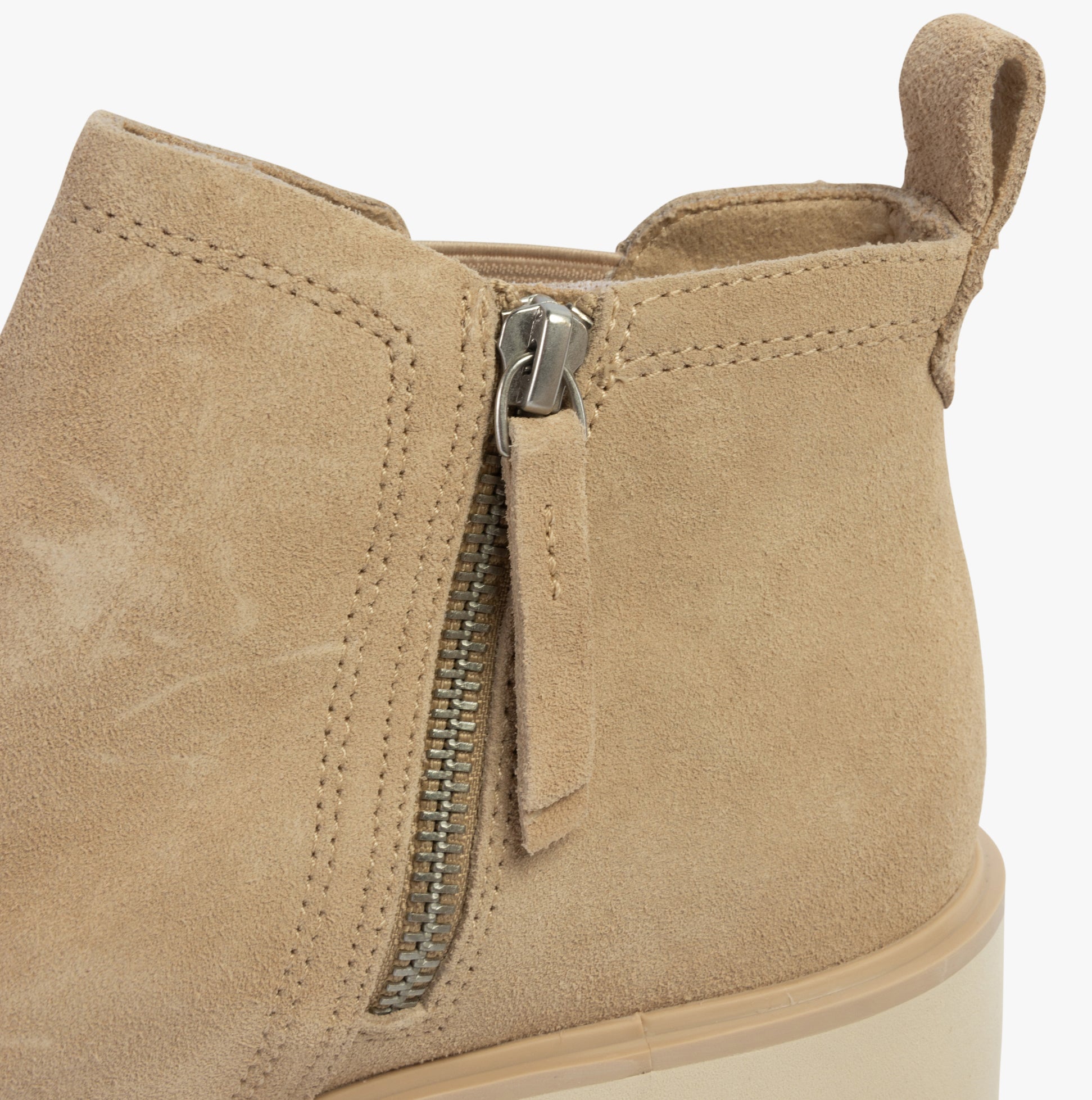 TOMS MAUDE Womens Boots Natural detail view showing zip fastening and suede material.