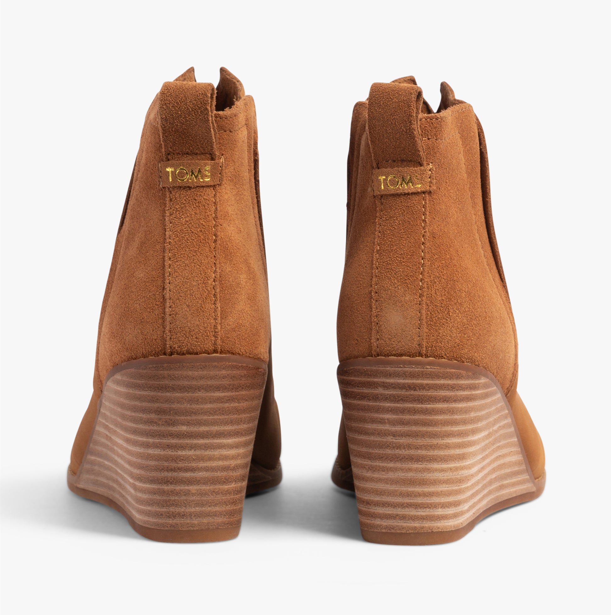 TOMS CLARE Womens Boots Tan back view showing wedge heel and suede upper design.