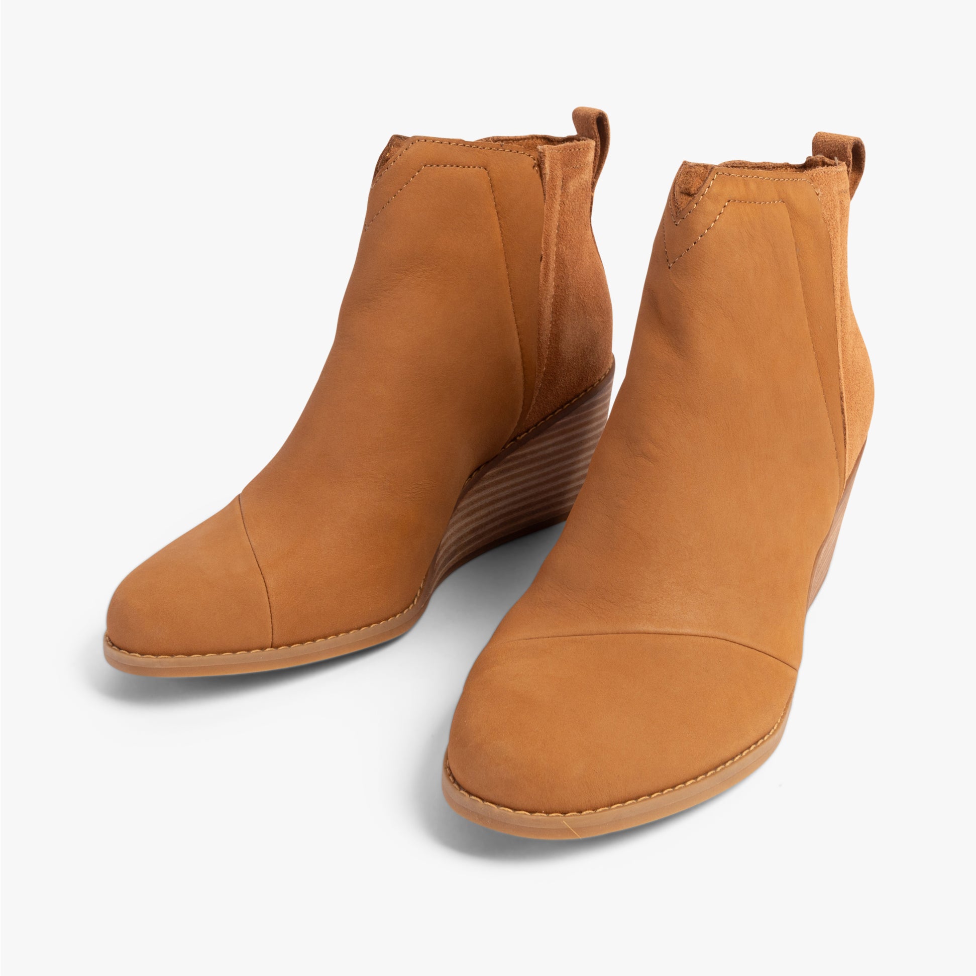TOMS CLARE Womens Boots Tan, side view of wedge ankle boots in tan leather and suede.