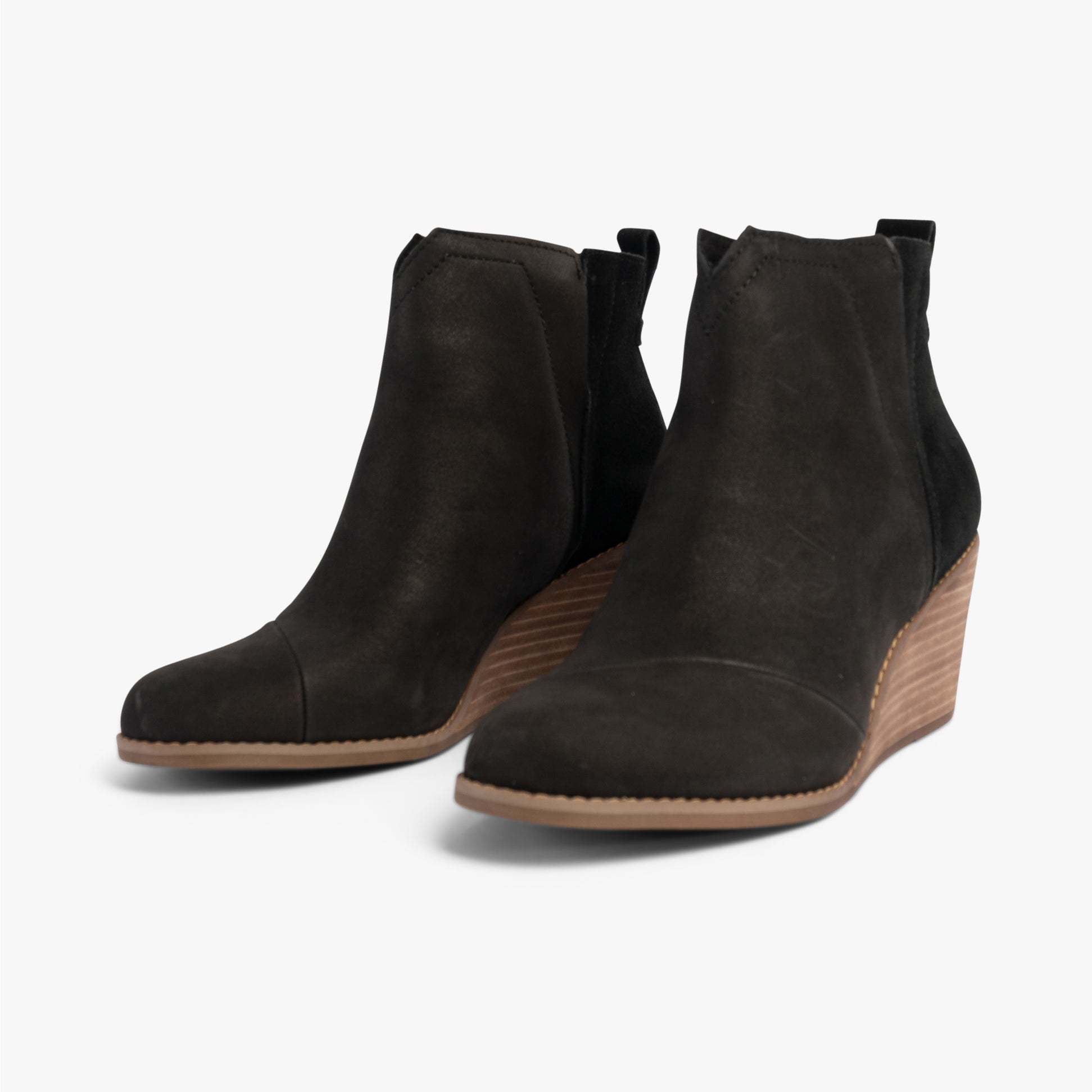 TOMS CLARE Womens Boots Black side view showing leather and suede upper with wedge heel.