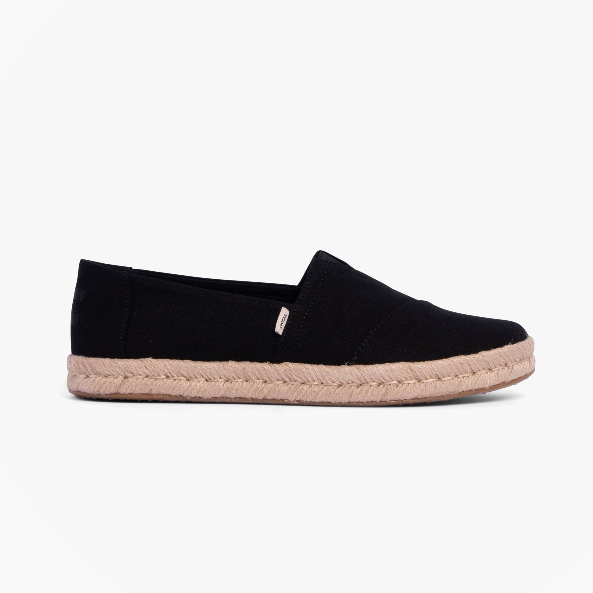 TOMS ALPARGATA ROPE 2.0 Womens Espadrilles Black side view with rope sole, lightweight and breathable design.