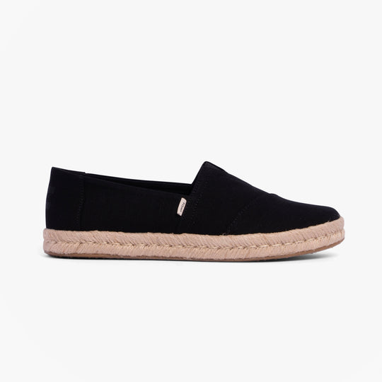 TOMS ALPARGATA ROPE 2.0 Womens Espadrilles Black side view with rope sole, lightweight and breathable design.