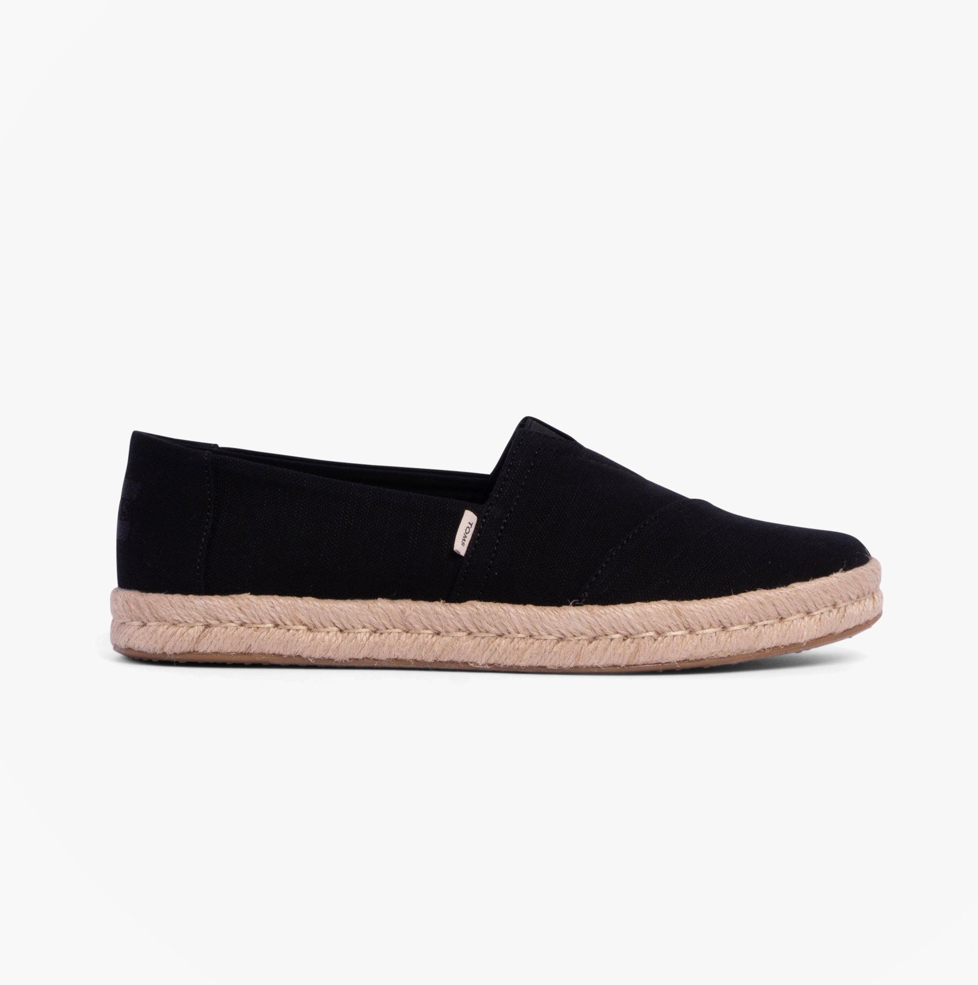 TOMS ALPARGATA ROPE 2.0 Womens Espadrilles Black side view with rope sole, lightweight and breathable design.