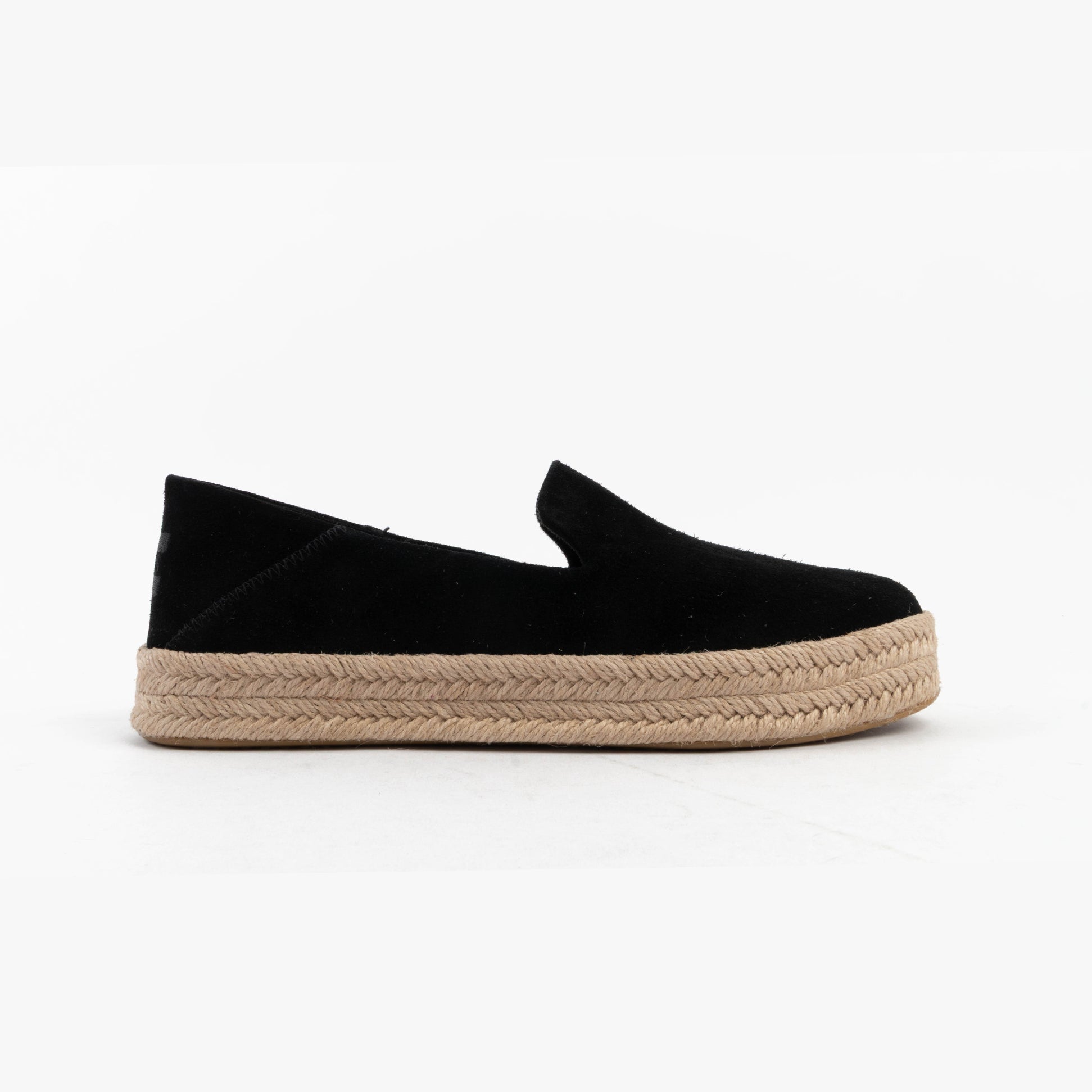 TOMS CAROLINA Womens Espadrille Black side view with suede upper and jute sole.