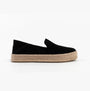 TOMS CAROLINA Womens Espadrille Black side view with suede upper and jute sole.