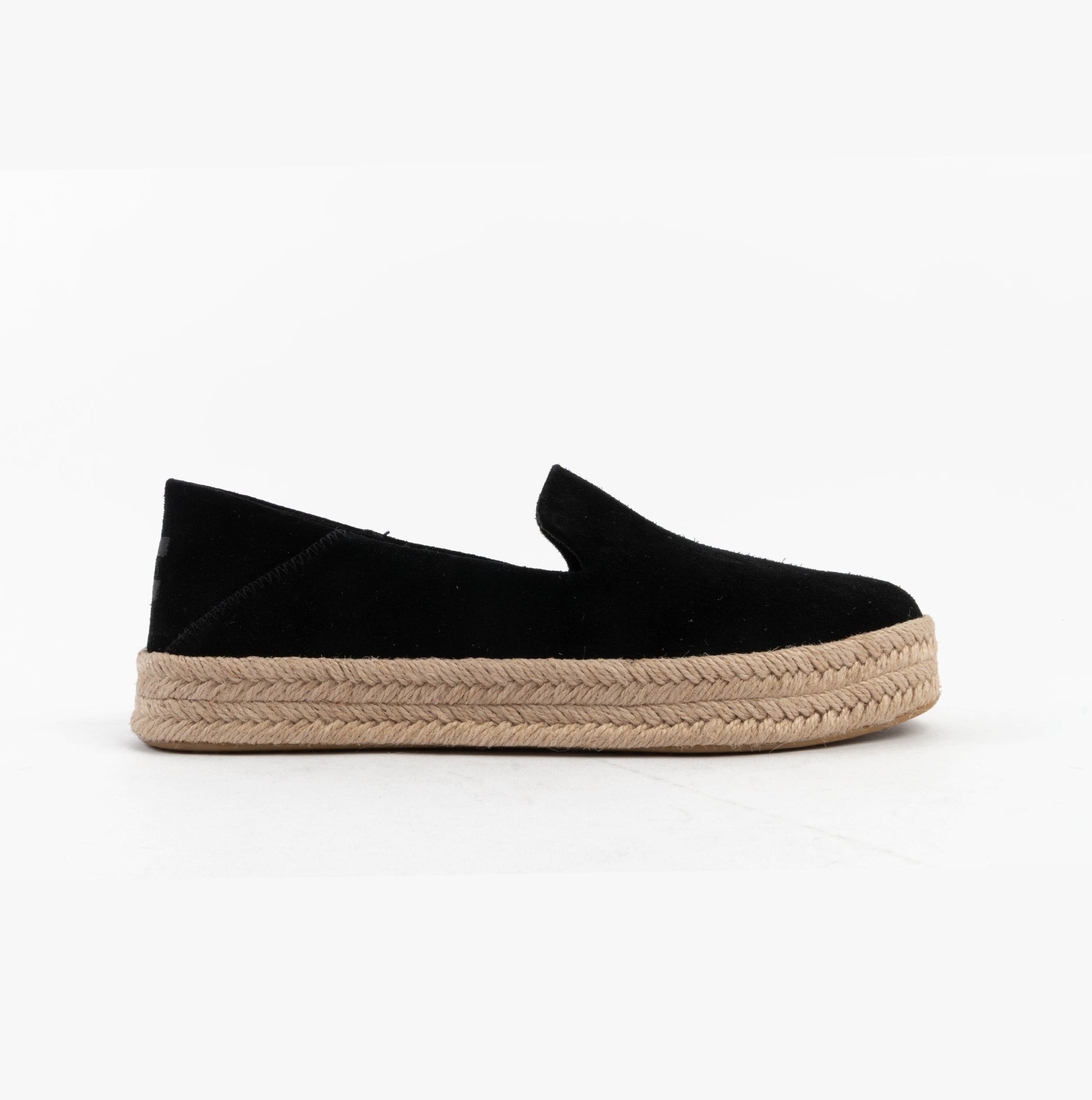 TOMS CAROLINA Womens Espadrille Black side view with suede upper and jute sole.