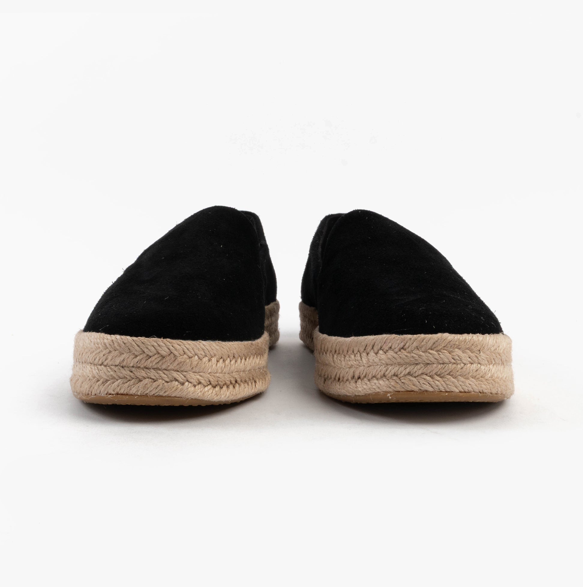 TOMS CAROLINA Womens Espadrille Black front view showcasing suede upper and jute sole.
