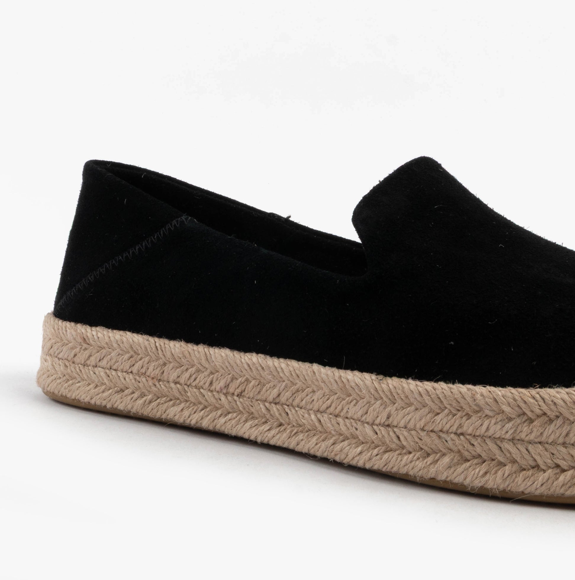 TOMS CAROLINA Womens Espadrille Black side view featuring suede upper and jute sole design.