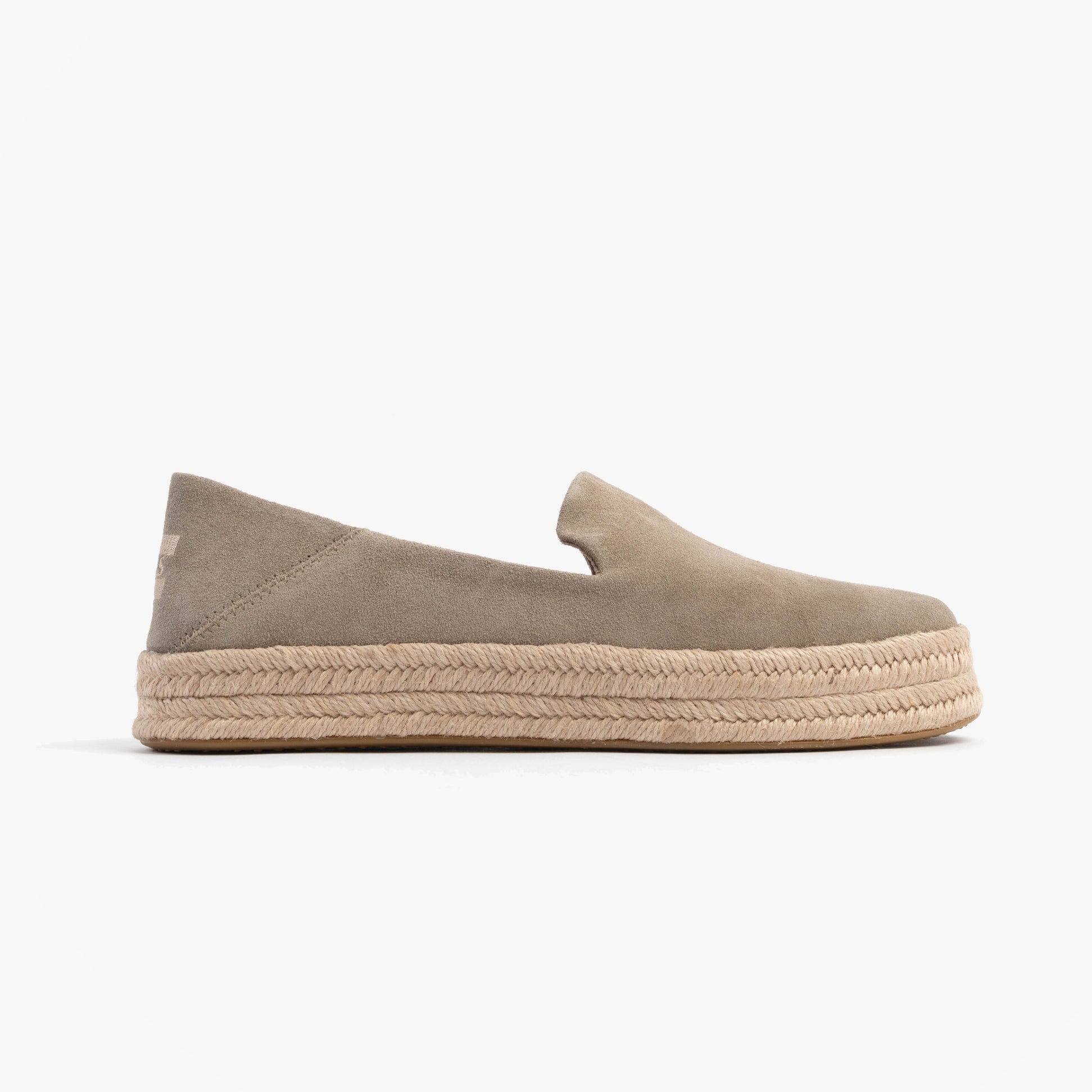 TOMS CAROLINA Womens Espadrille Natural side view of comfortable suede slip-on shoes with round toe.