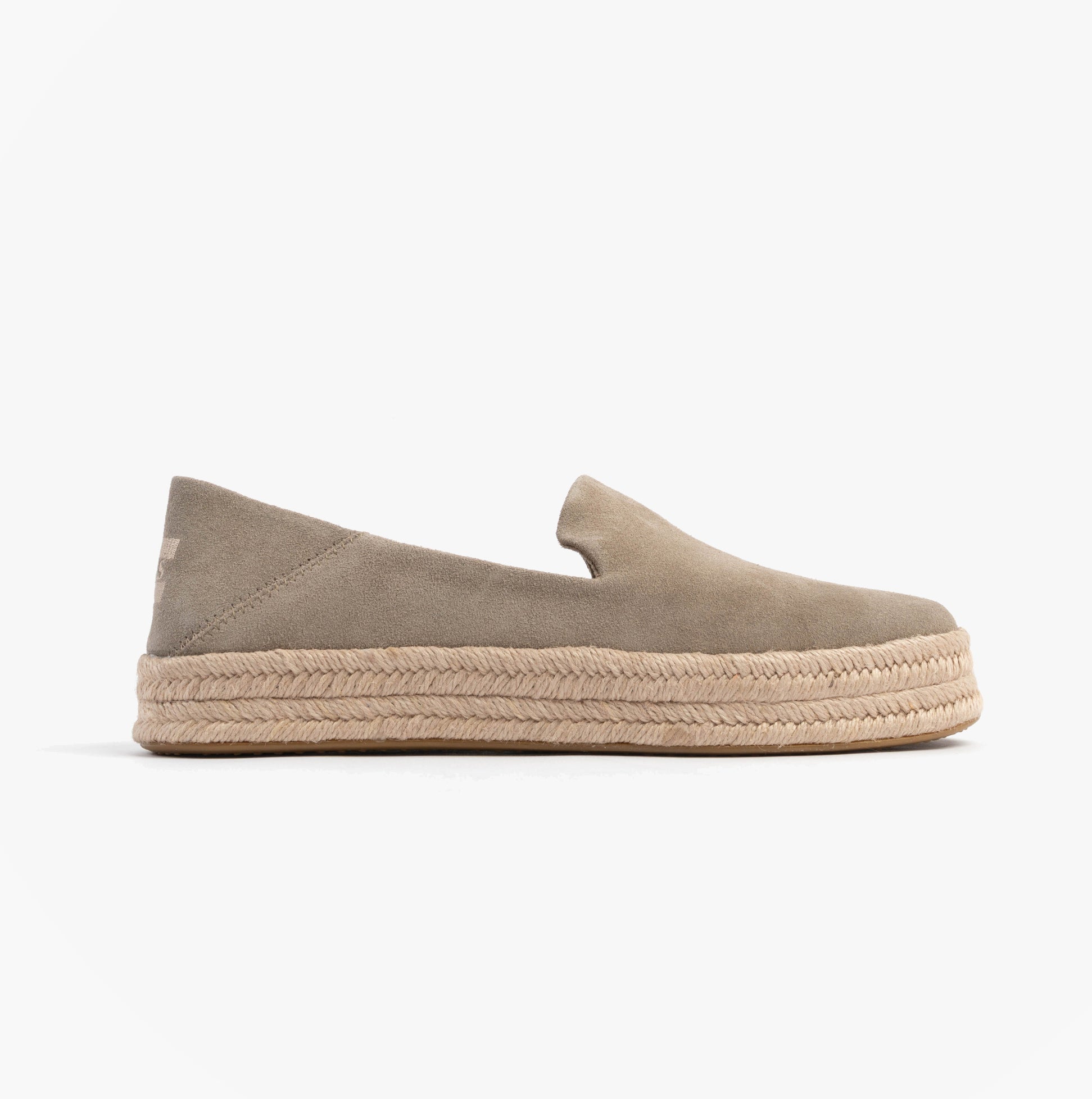 TOMS CAROLINA Womens Espadrille Natural side view of comfortable suede slip-on shoes with round toe.