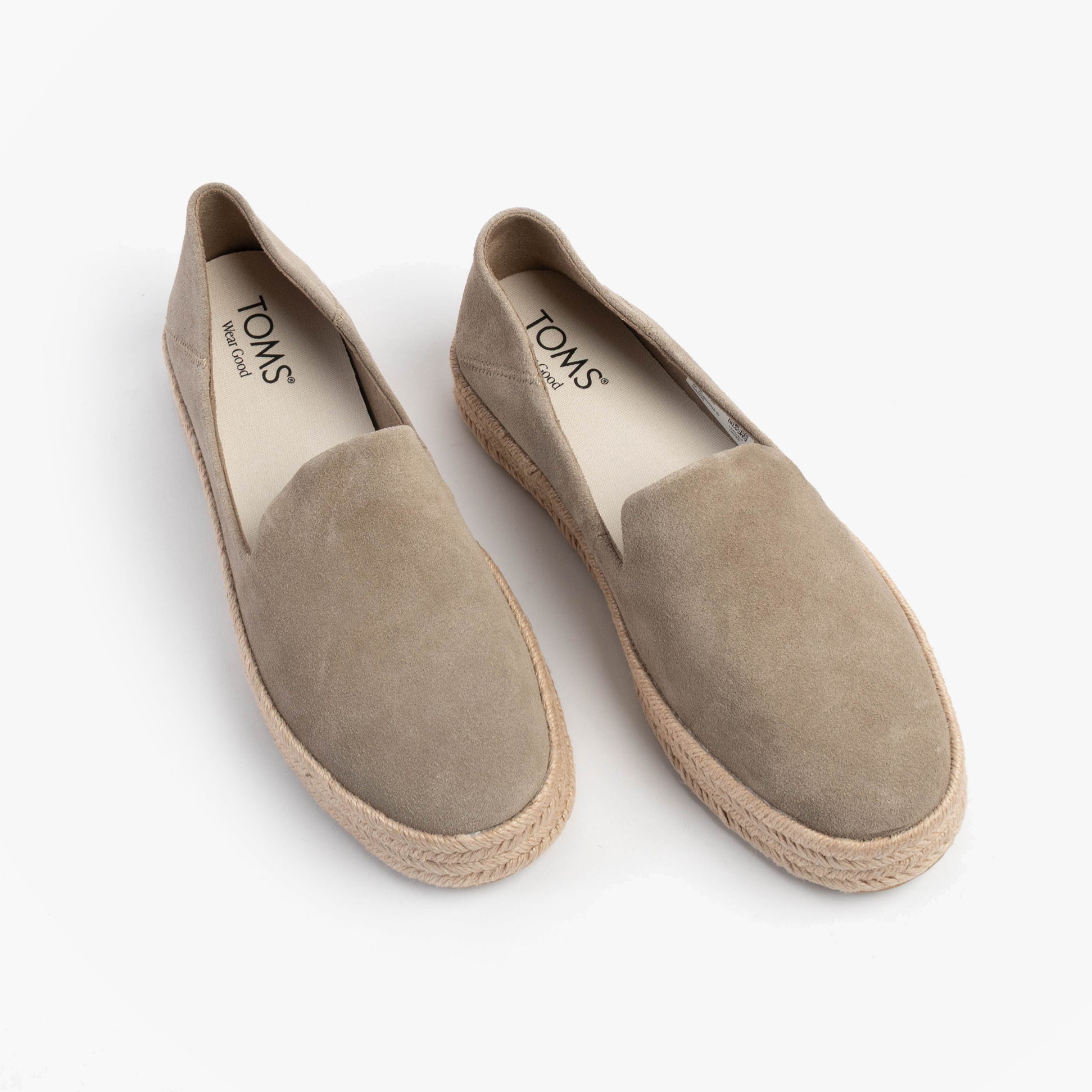 TOMS CAROLINA Womens Espadrille Natural top view of suede slip-on shoes with round toe on white background.
