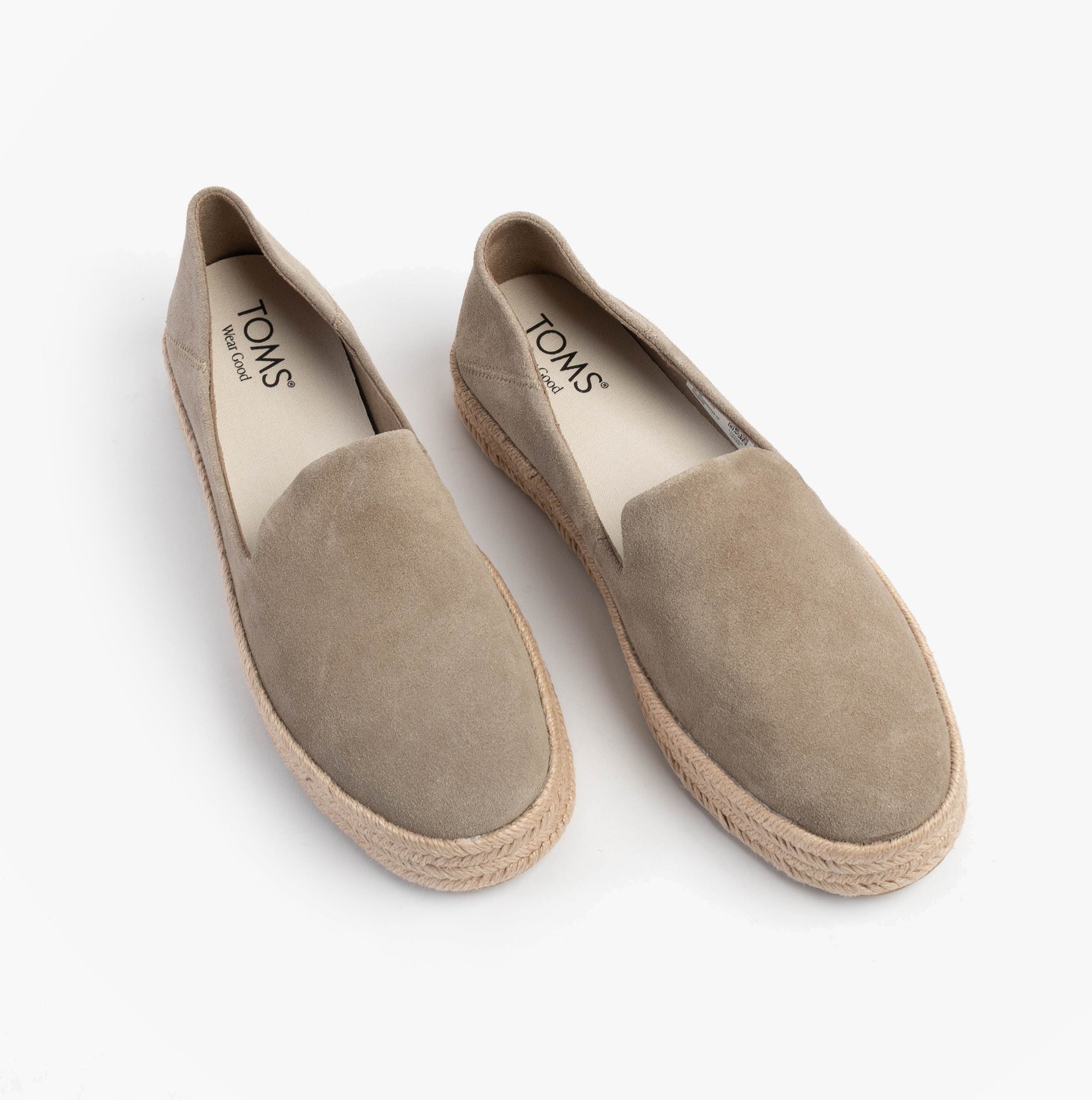 TOMS CAROLINA Womens Espadrille Natural top view of suede slip-on shoes with round toe on white background.