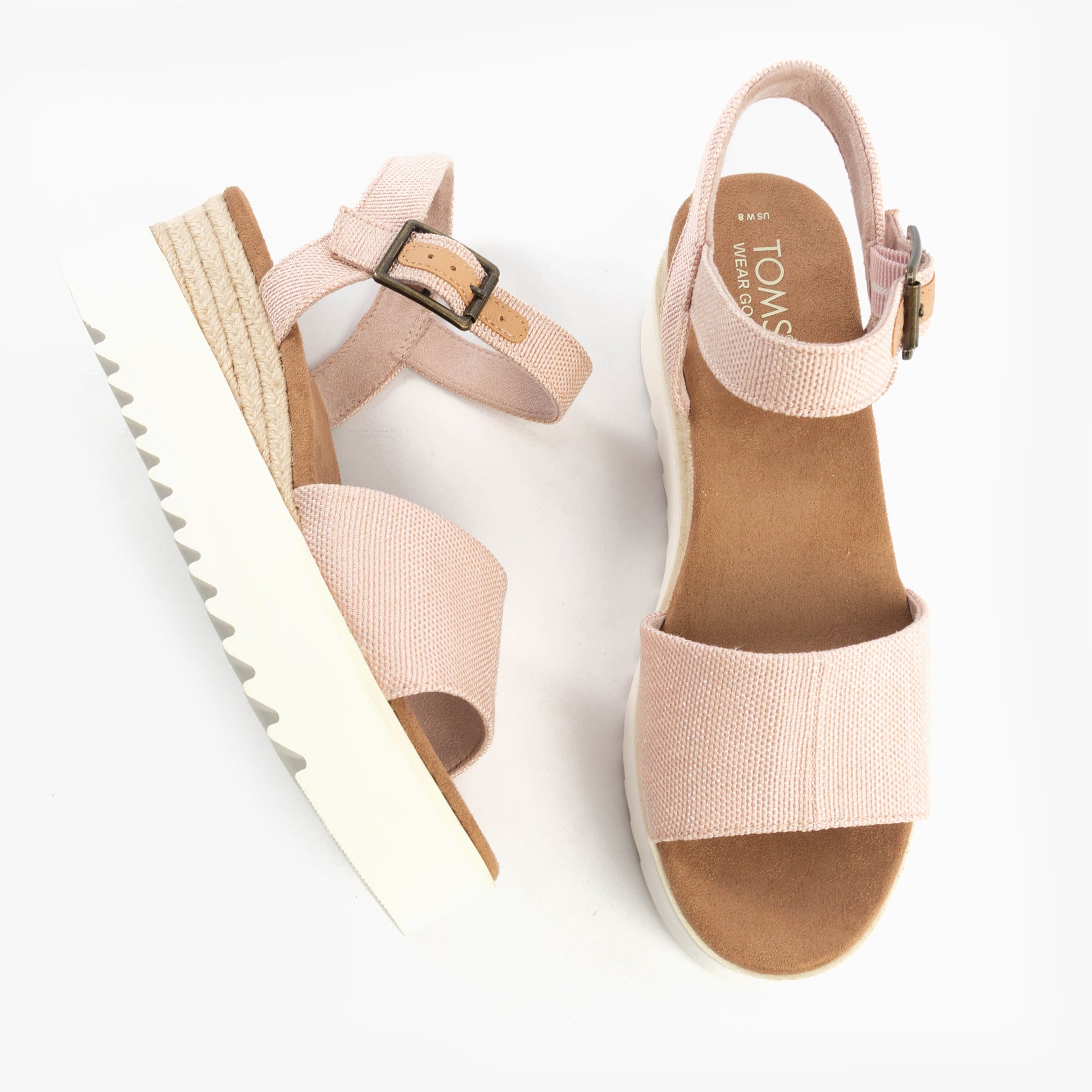 TOMS DIANA Womens Sandals Pink side view featuring wedge heel and buckle closure.