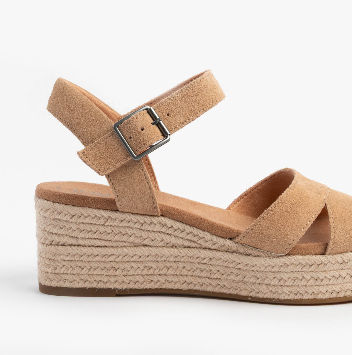 TOMS AUDREY Womens Sandals Natural side view showing wedge heel and buckle closure in natural linen.
